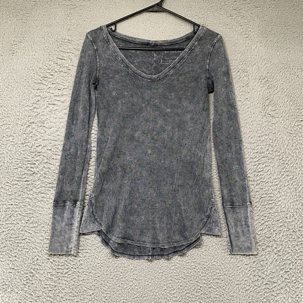 We The Free Thermal Tunic Top Womens XS Gray V-Neck Long Sleeve Waffle Knit